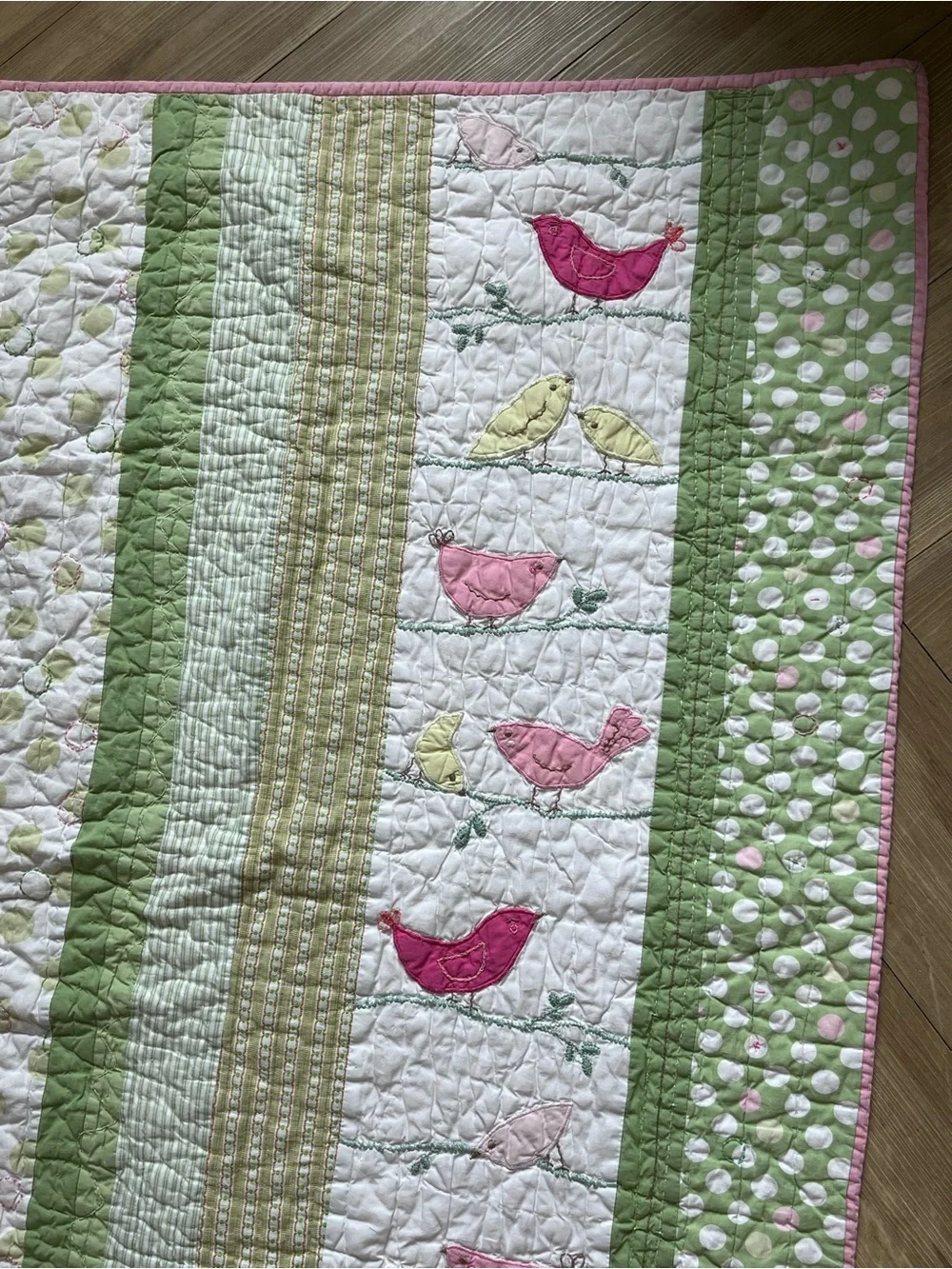 Pottery Barn Kids Tweet Bird Baby Quilt Pink Green 33" x 48" - Picture 3 of 12